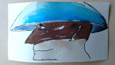 licht und dunkelheit, aquarell, gesicht, profil, schüssel/teller als hut