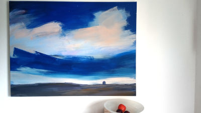 landschaft, acrylgemälde, blauer himmel, weiße wolken
