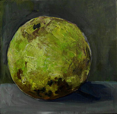 Hellgrüner Apfel vor dunklem Grund, kleinformat, tagesbild, Ölfarbe auf Holztafel, Ölfarbe