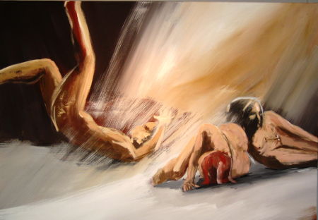 Acrybild, die Kinder des Ikarus, Acrylfarbe auf Leinwand. drei nackte menschen, eine fällt, 2 liegen auf dem boden. brauntöne