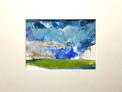 abstrakte landschaft, sturmhimmel und wiese gelbgrün, Papier und acrylfarbe