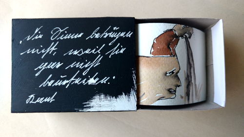 die sinne betrügen nicht, zündholzschachtel bemalt, schrift und aquarell im inneren