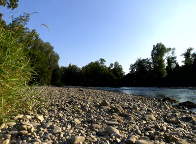 foto, landschaft lech, kies, ufer bäume