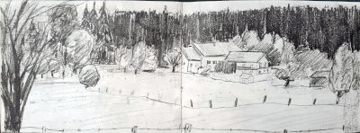 bleistiftzeichnung, landschaft, bad heilbrunn, weiher. haus in der natur