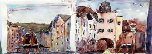 Skizzenbuch-Doppelseite, links, paar, sitzt zusammen, aquarell und zeichnung. Rechts aquarellskizze, marktstraße turm bad tölz