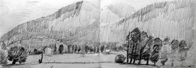 bleistiftzeichnung, landschaft, berge und bäume