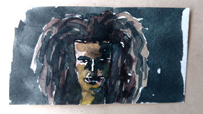 der göttliche funke in dir, aquarell, gesicht vor dunklem hintergrund