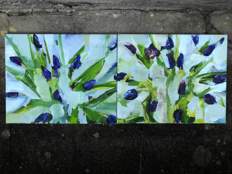 Tulpen 4 & 5, abstrakt, 2 leinwände, gelbgrün, blau