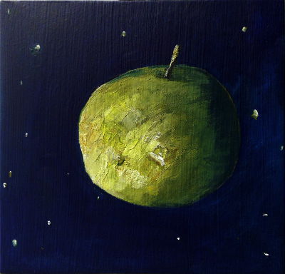 the big apple, Apfel vor blauem Hintergrund mit Sternen, Ölbild, kleinformat