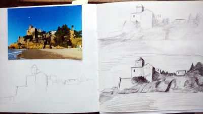 skizzenbuchseite, foto und drei bleistiftzeichnungen, gebäude, burg