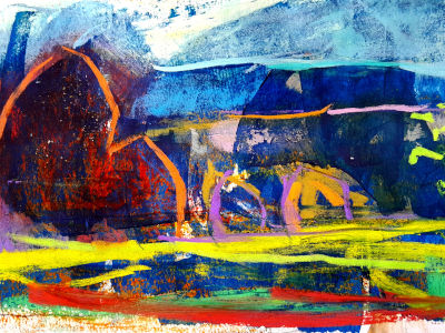 landschaftsbild auf papier. hintergrund blau, kreidezeichnung landschaft mit bäumen