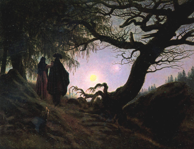 Caspar David Friedrich, "Un uomo e una donna in contemplazione della luna",  1819, olio su tela, Berlino, Alte Nationalgalerie.