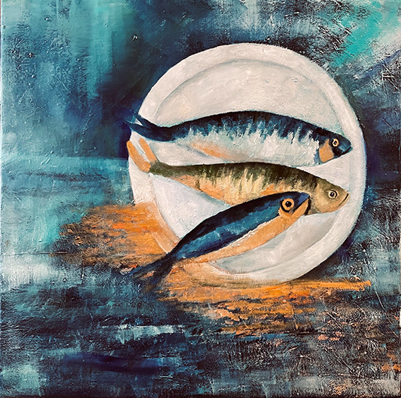 Fischmahlzeit | Öl auf Leinwand | 50 x 50 cm | 2024