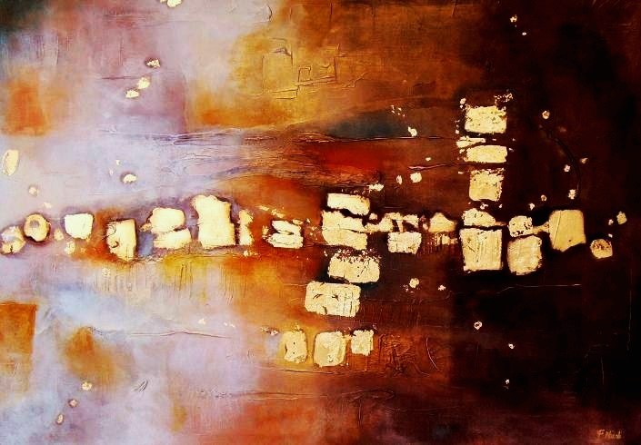 " Riflessi" Acrilico e foglia oro su fondo materico 70x100 cm Collezione Privata