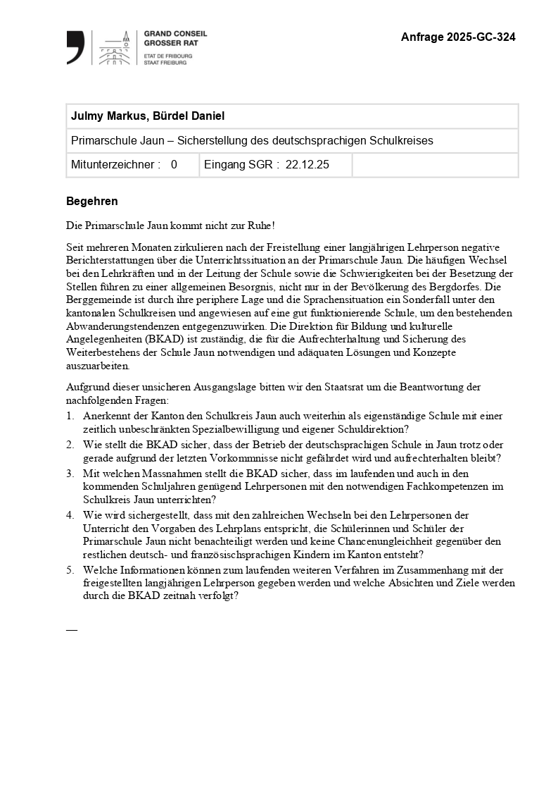 Parlamentarische Anfrage Primarschule Jaun