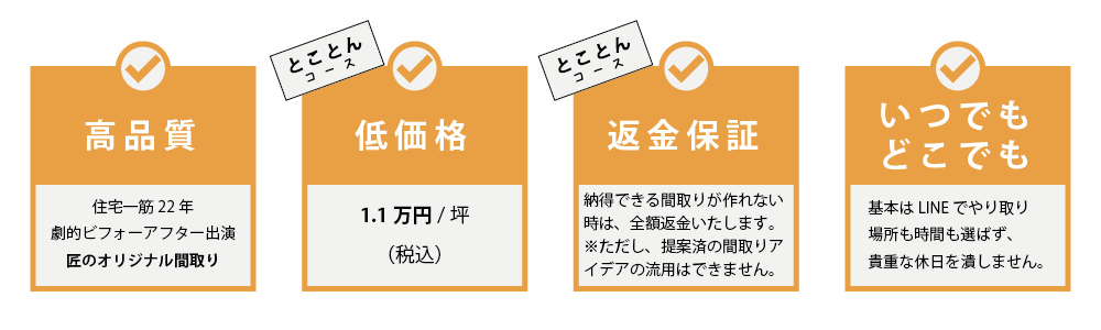 高品質であること。低価格であること。返金保証。基本はLINEでのやり取りなのでいつでもどこでもお気軽にお申しつけ下さい。