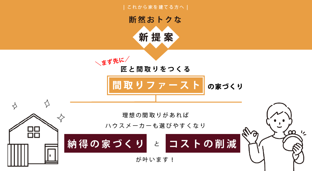 ハウスメーカー選びで悩んでるあなたへ　アトリエファイブから新提案　先に間取りを決めることで　ハウスメーカーが選びやすくなり『理想のいえづくり』と『コストの削減』が叶います！