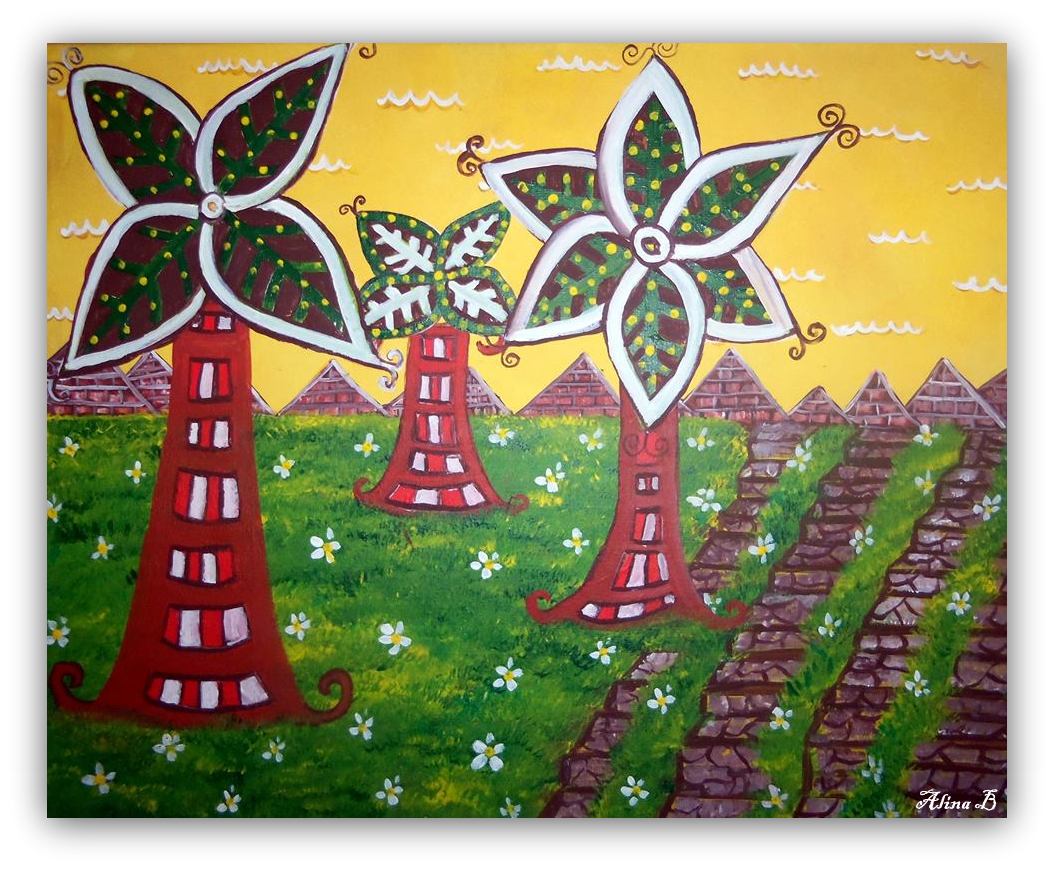 "Gėlės malūnai" akrilas, drobė 40x50 cm, Tarptautiniame  ArtNaif festivaliui, Lenkija, Katowice