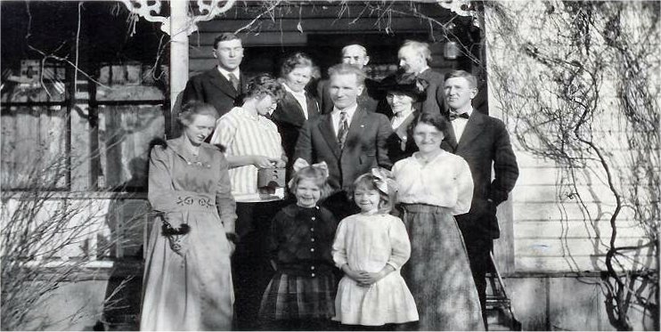 Family gathering at Charles & Mary Johnson’s home, January 27, 1918 From top: Lester Pipgras, Mary Johnson, Nils Anderson, Charley Johnson, Hattie Anderson, Violet Johnson, Mannie Anderson, Tilda Johnson, Fred Cook, Margaret Auerswald, Vivian Johnson, Mar