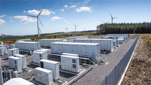 In fünf der sechs Container des Speichers sind insgesamt 500 Elektroauto-Batterien untergebracht, von denen jede eine Kapazität von 33 kWh hat.
