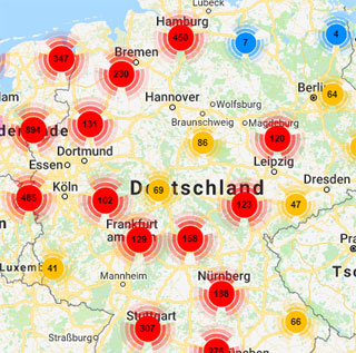 Alle Ladestationen der ladenetz.de Stadtwerke-Partner, ladenetz.de Business-Partner sowie der Roaming-Partner finden Fahrer von Elektro-Fahrzeugen mit der lademap (Ausschnitt)