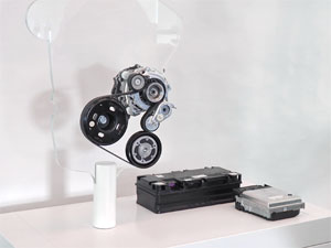 48V-Riemen-Startergenerator, 48V-Batterie und DC/DC-Wandler für den Hybrid-Golf. obs/Volkswagen