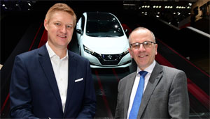Frank Meyer, Leiter Innovation & B2C-Solutions bei E.ON (links), und Paul Willcox, Europachef von Nissan, unterzeichneten die strategische Partnerschaft auf dem Genfer Autosalon.