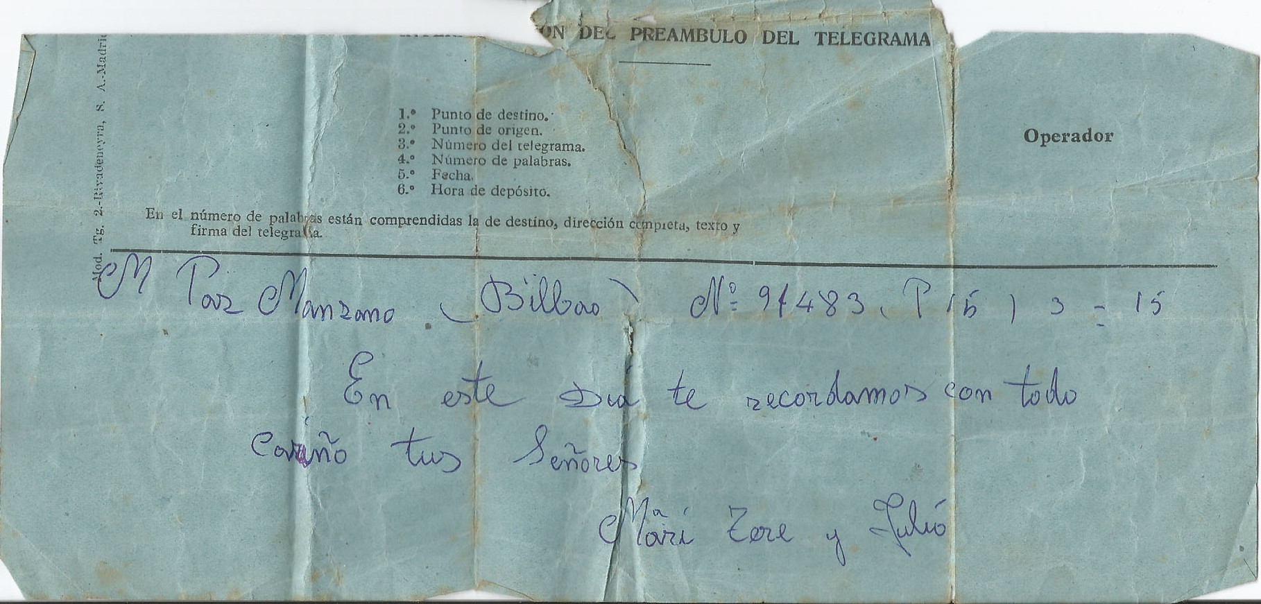 1960 Mayo Telegrama para Mª Paz Manzano en el día de su boda de sus señores