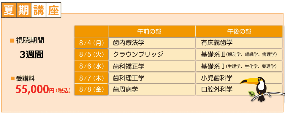 全5日間10教科（歯内・有床・ｸﾗﾌﾞﾘ・矯正・理工・小児・口外・基礎Ⅰ・Ⅱ・歯周）