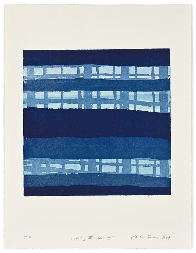 Monika Humm Waiting III - blue 2 , 2007, Aquatinta, 3 Platten, PG 40x40cm auf Bütten 66x50cm