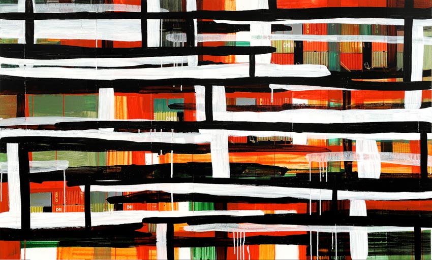 Monika Humm Global 17, 2009, Mischtechnik auf MDF, 113x186x3cm