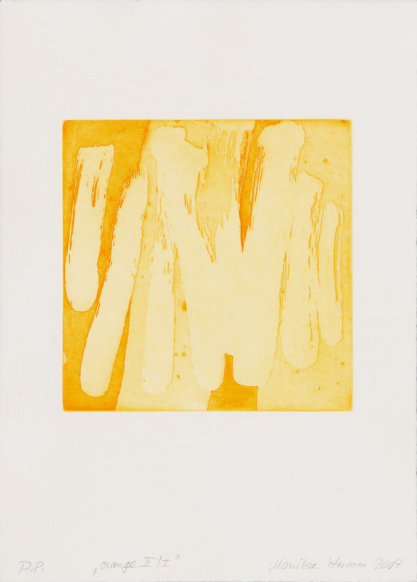 Monika Humm Aquatinta orange-II-I, 2004, PG 19,5x20, Bütten39x28,5cm