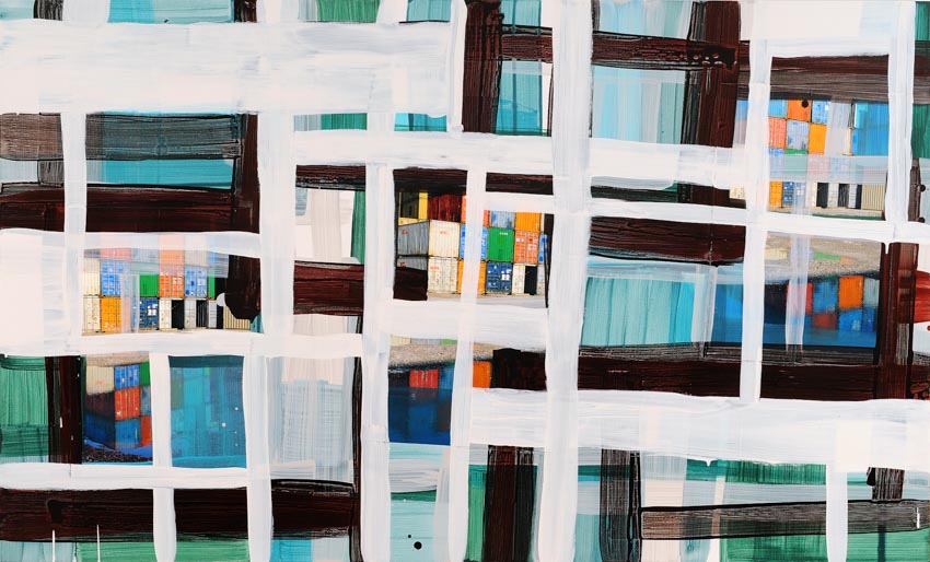 Monika Humm Global 21, 2009, Mischtechnik auf MDF, 113x186x3cm