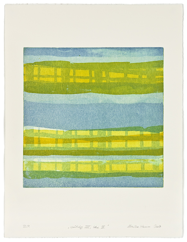 Monika Humm Waiting III - blue 4 , 2007, Aquatinta, 3 Platten, PG 40x40cm auf Bütten 66x50cm