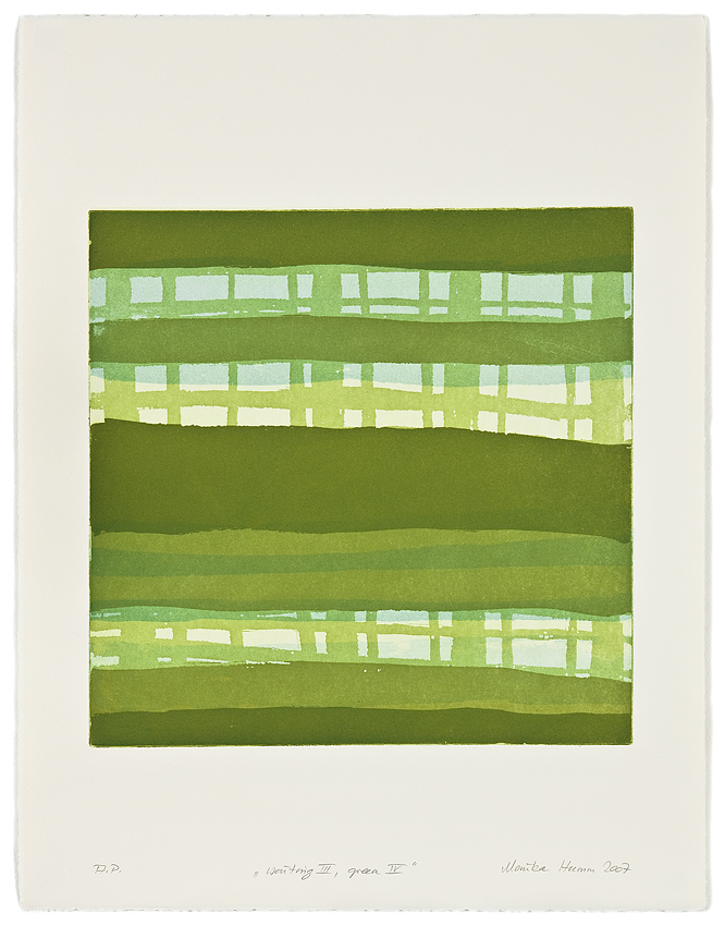 Monika Humm Waiting III - green 4 , 2007, Aquatinta, 3 Platten, PG 40x40cm auf Bütten 66x50cm