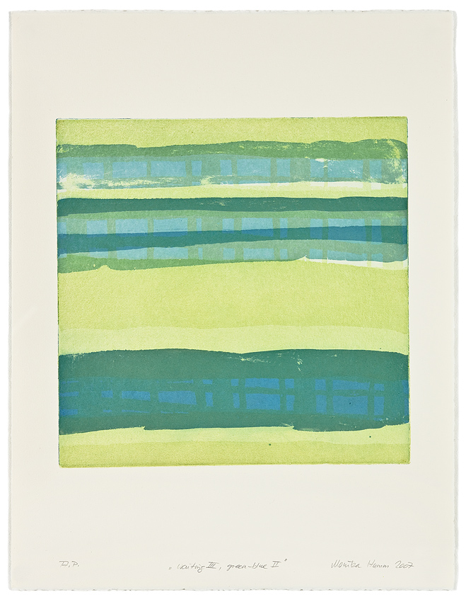Monika Humm Waiting III - greenblue 2 , 2007, Aquatinta, 2 Platten, PG 40x40cm auf Bütten 66x50cm