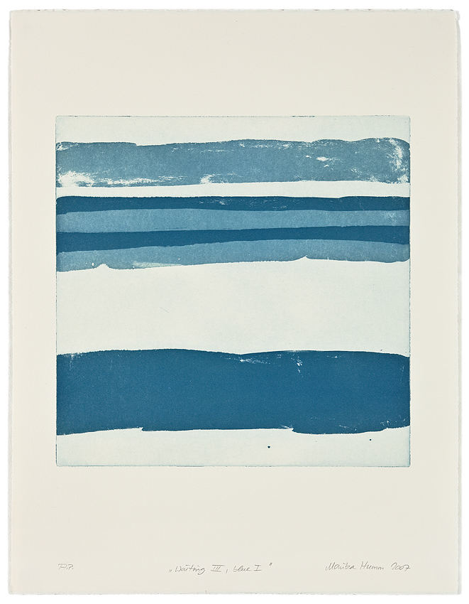 Monika Humm Waiting III - blue 1 , 2007, Aquatinta, 2 Platten, PG 40x40cm auf Bütten 66x50cm