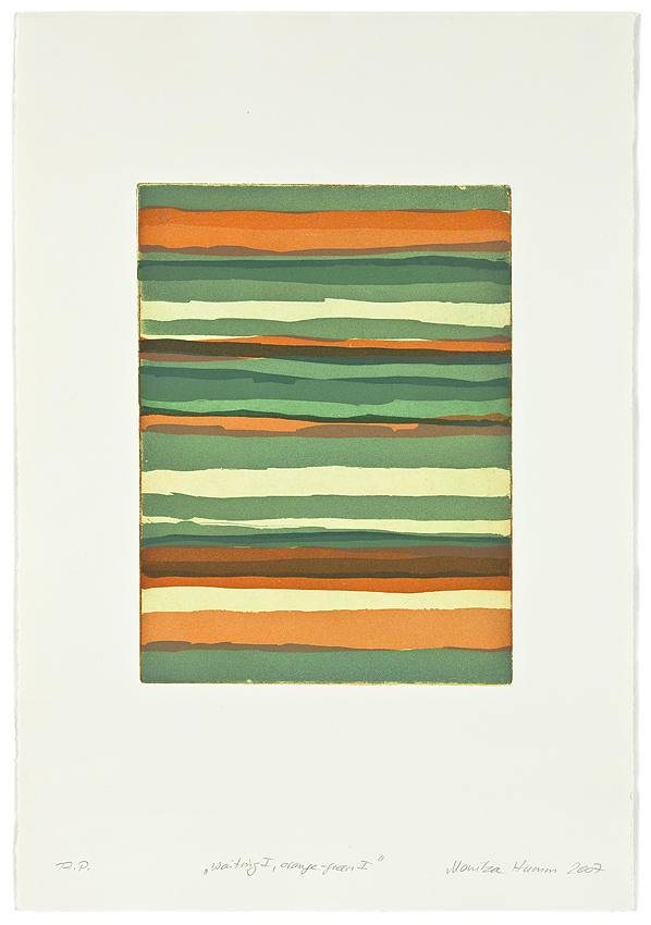 Monika Humm waiting I - orangegreen 1 , 2007, Aquatinta, 2 Platten, PG 32x24cm auf Bütten 57x40cm