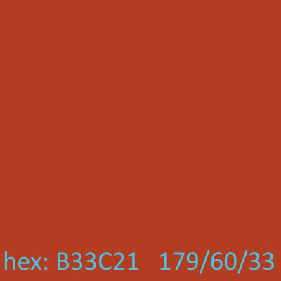 hex:   B33C21   rgb:     179/60/33      hsv:    11/81/70