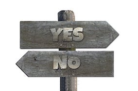 Signs indicating 'Yes' to the right and 'No' to the left for a Love Tarot Reading.