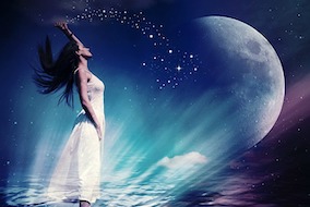 A mystic woman, symbolic of psychic zodiac readings, gracefully tossing shimmering stars against the vast backdrop of the cosmos, with the moon casting its gentle glow.