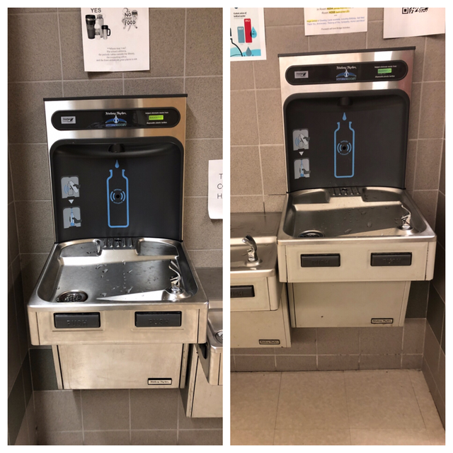 The water bottle stations located outside of the BHS Library (left photo) and Guidance Department (right photo.)