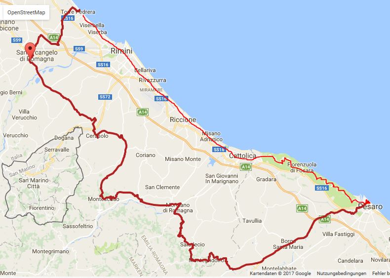 11. April Durchs Hinterland und über Pesaro und die Panoramica entlang der Küste zurück, 140 km, 1500 hm