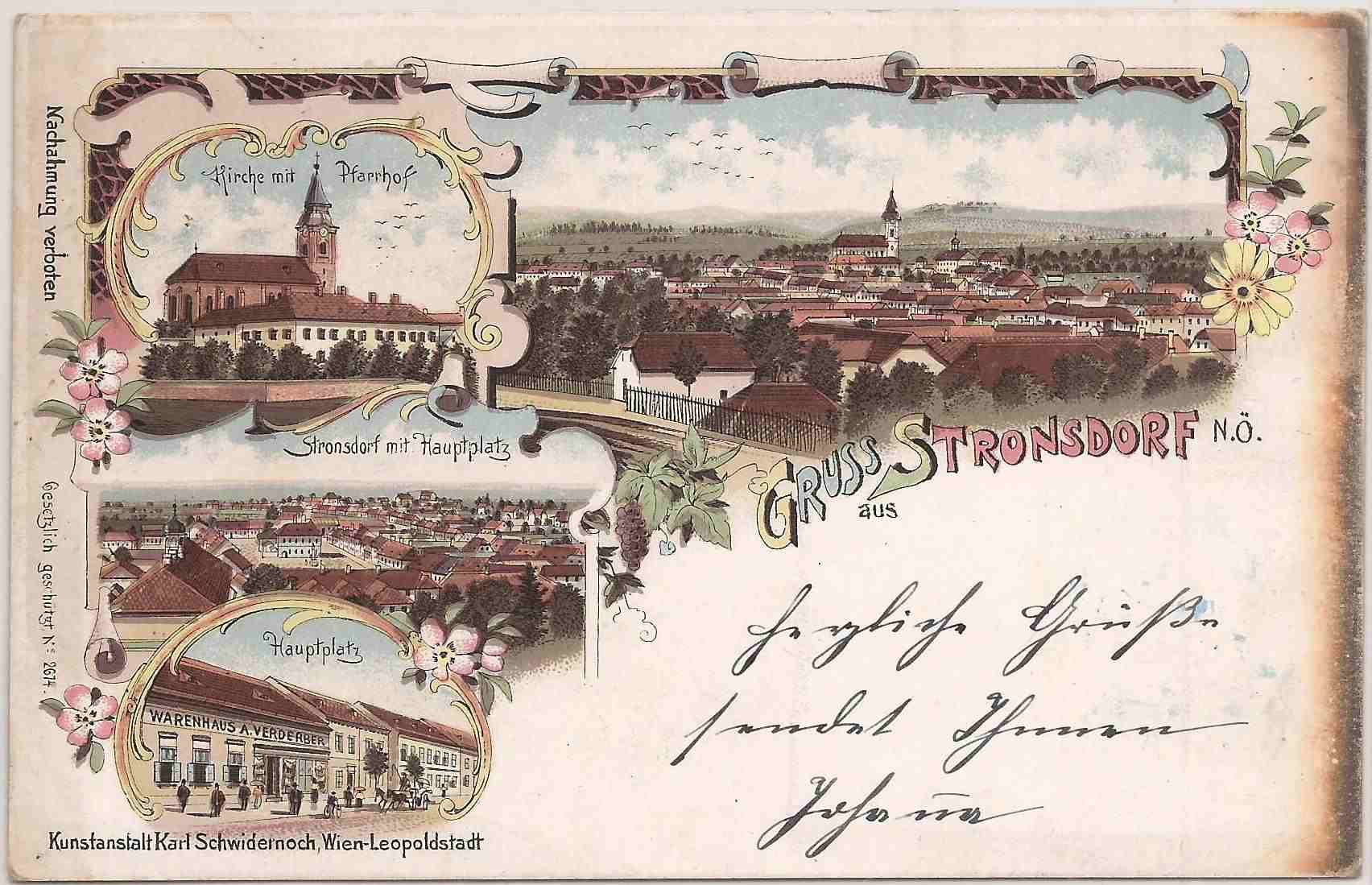 Stronsdorf 1898 Kirche mit Pfarrhof, Ansicht, Hauptplatz, Warenhaus Verderber (Schwidernoch)