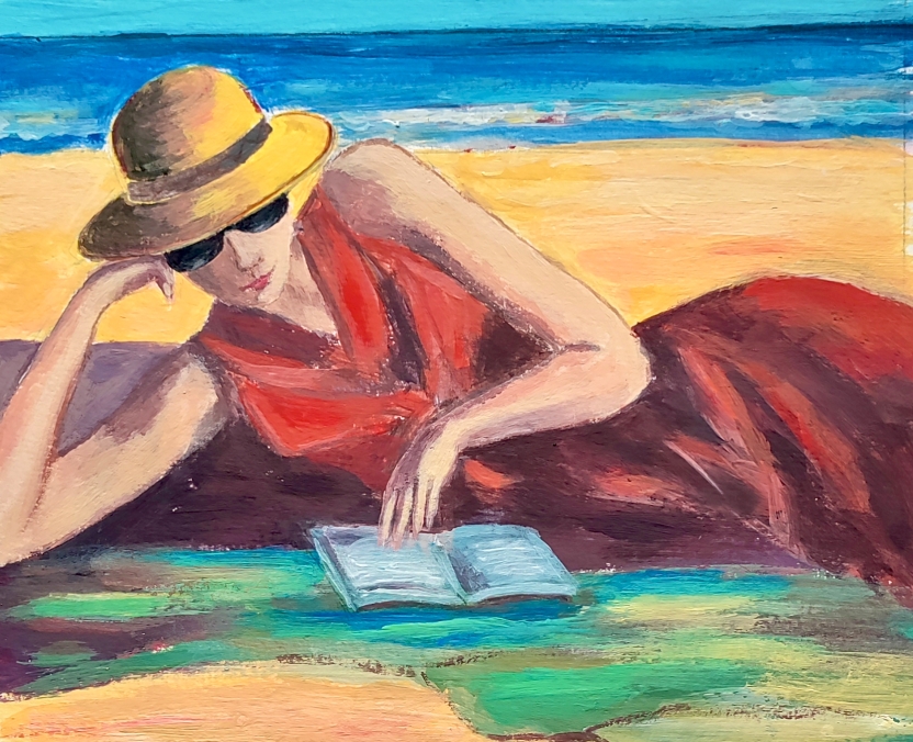 Die Frau im roten Kleid, Acryl auf Papier A4