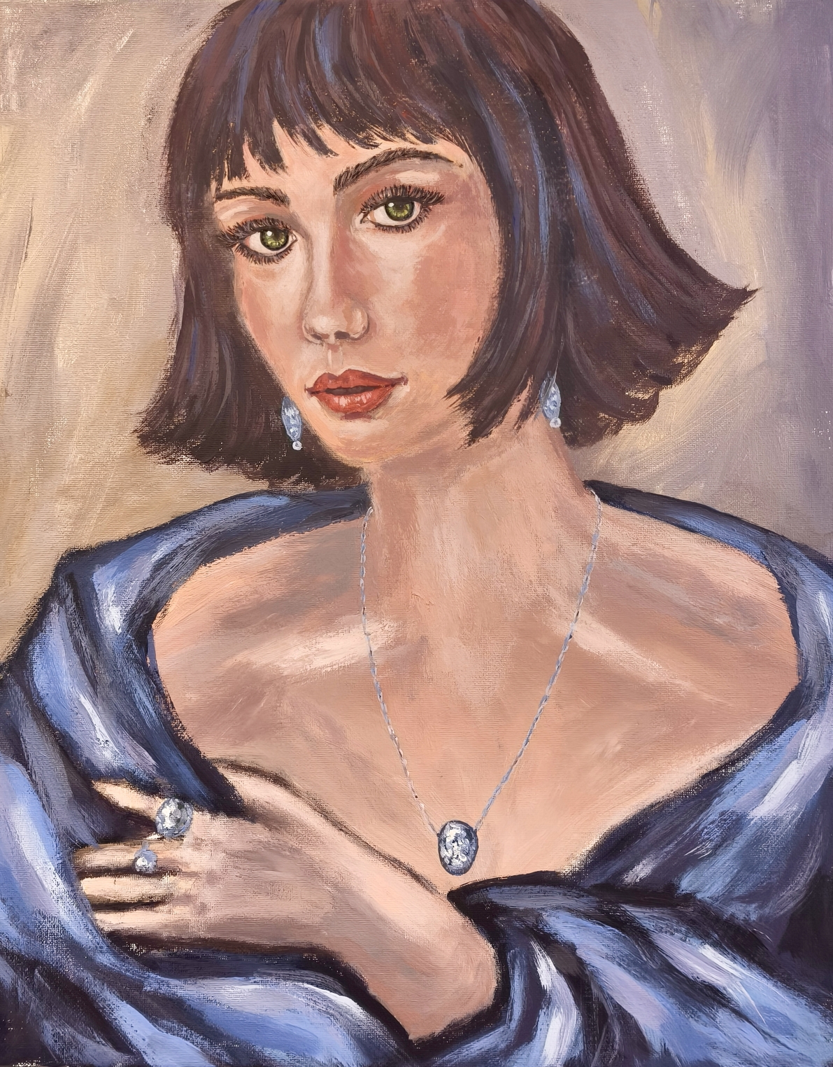 Porträt ( Die Frau mit dem blauen Tuch) Acryl auf Leinwand 60x50 cm