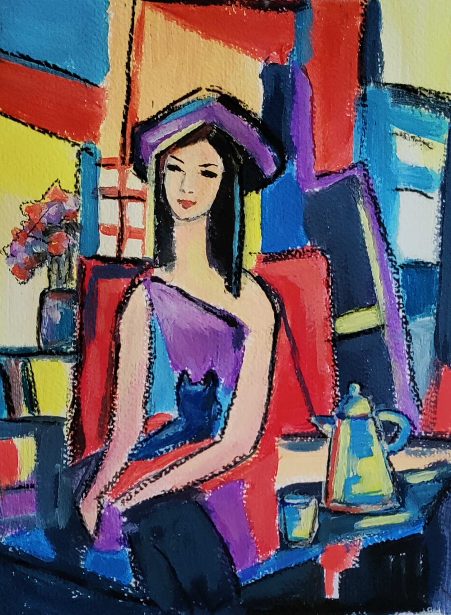 Frau mit Hund, Acryl auf Papier, A 5