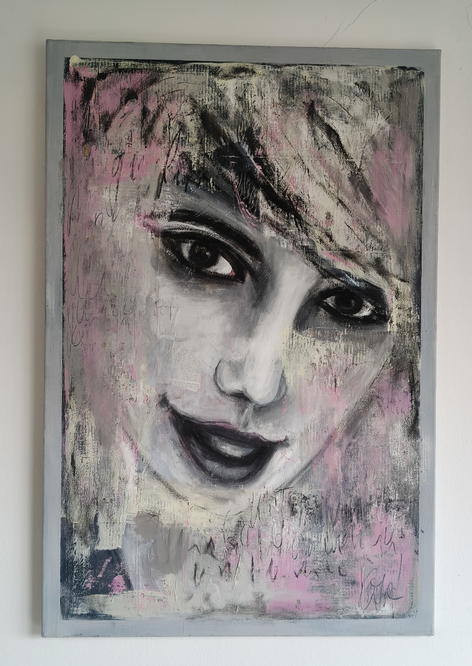 Das Lächeln Acryl Collage auf Leinwand 120x80 cm