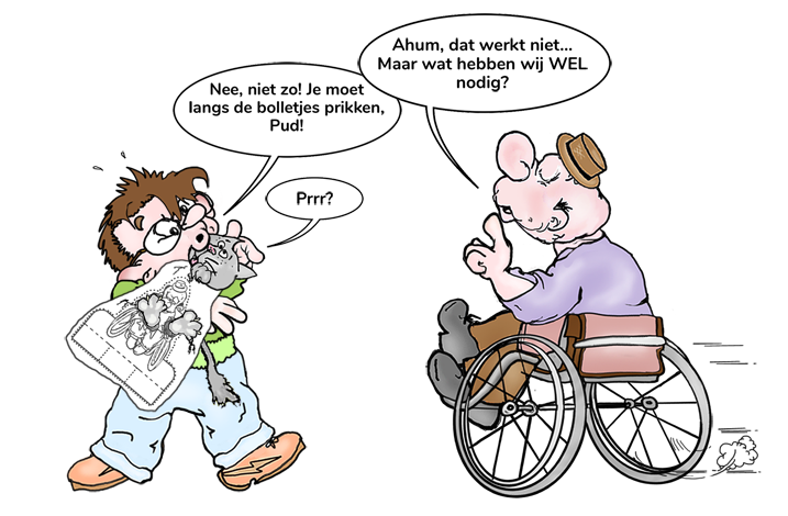 Stripfiguren Mr Peeves, Robbie en poes Puddie spelen het Ik Prrrik spel.