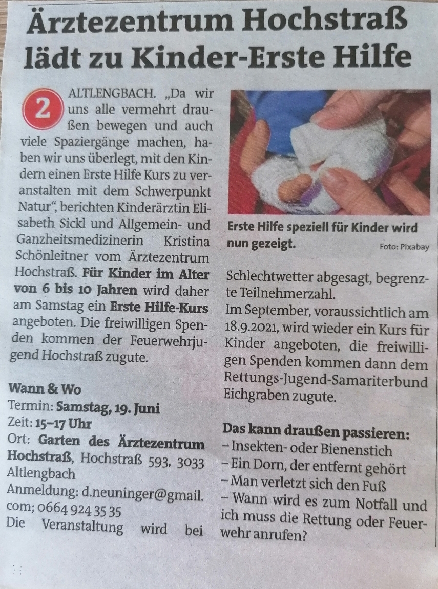 Erste Hilfe Kurs für Kinder 18.6.2021